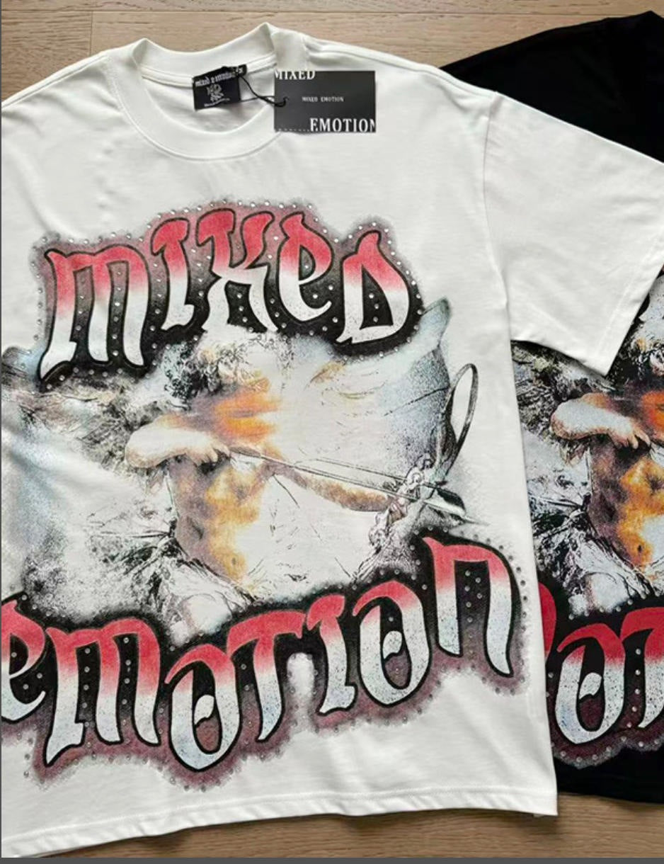 MIXEDEMOTION Retro Hot Diamond Letter Printed Summer High Street Loose Casual Men's and Women's Round Neck Short sleeved T-shirt (26)