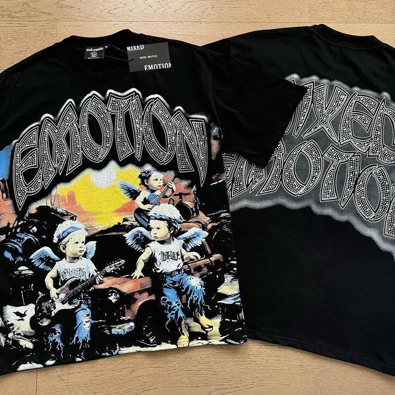 MIXED EMOTION Vintage Rhinestone Rock Band Cherubs Graphic T-Shirt (Black)