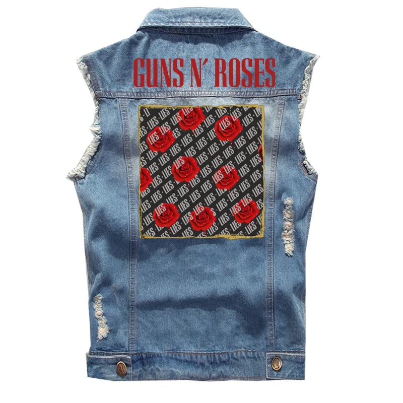 Guns N Roses sleeveless vest, punk style rock denim vest, pure cotton denim jacket (3)