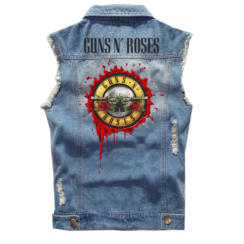 Guns N Roses sleeveless vest, punk style rock denim vest, pure cotton denim jacket (1)