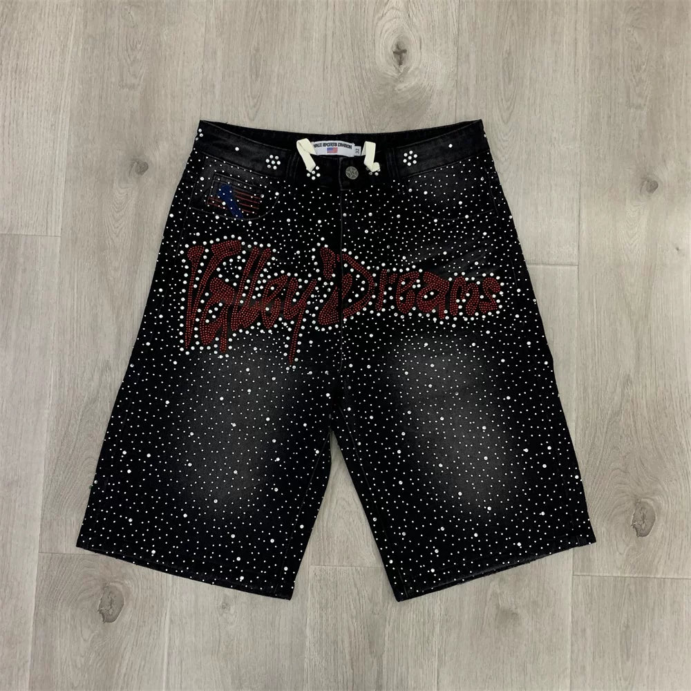 Vale Valley Forever Full-Print Beaded Denim Shorts