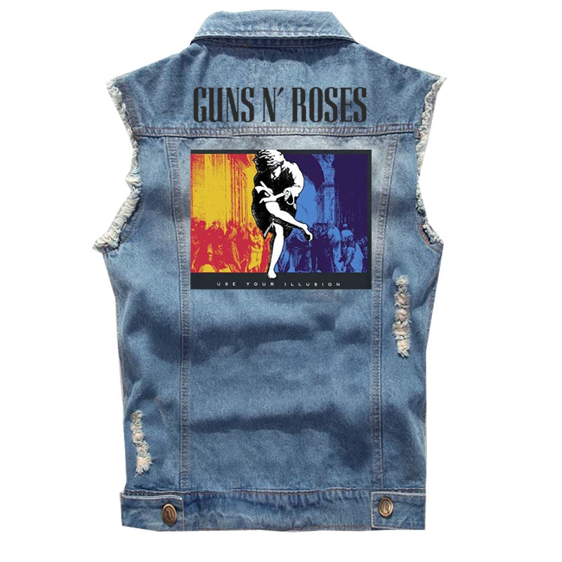 Guns N Roses sleeveless vest, punk style rock denim vest, pure cotton denim jacket (1)