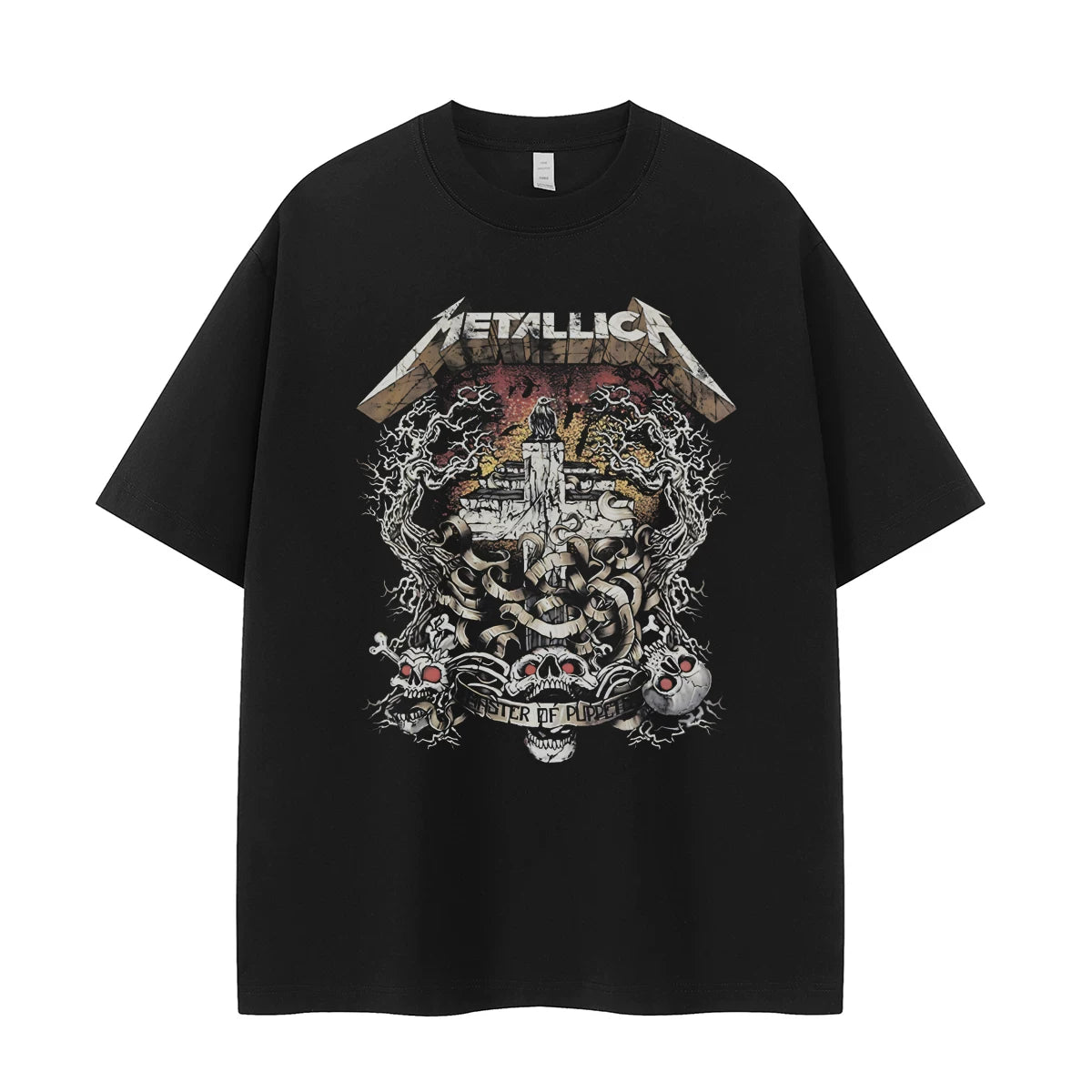 Metallica band retro American street niche design, skull cross vtg rock short sleeved T-shirt