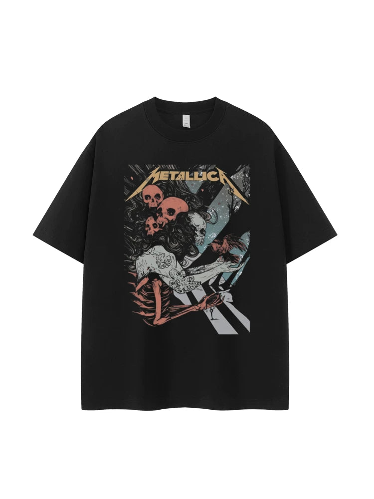 Metallica金属乐队复古美式街头小众vtg落肩宽松纯棉摇滚短袖T恤