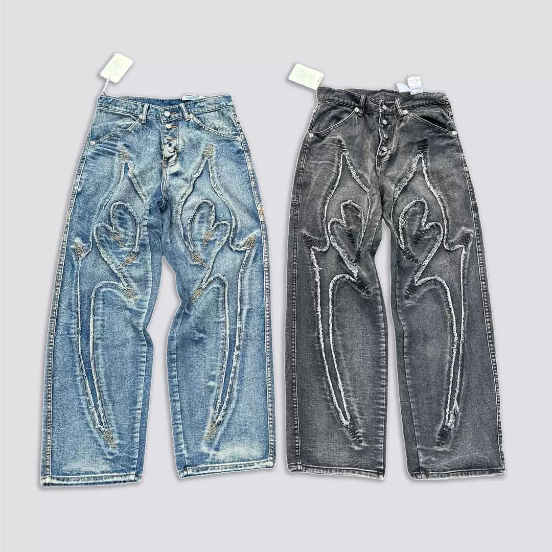 Thug Club Stiletto Pattern Embroidered Loose Denim Pants
