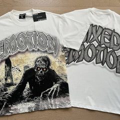 MIXED EMOTION Vintage Rhinestone Crawling Zombie Graphic T-Shirt (White)