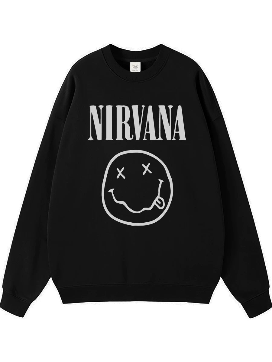 NIRVANA Nirvana Rock Band American Street Gun Flower Nirvana Black Gray White Pure Cotton Hooded Round Neck Sweatshirt (10)