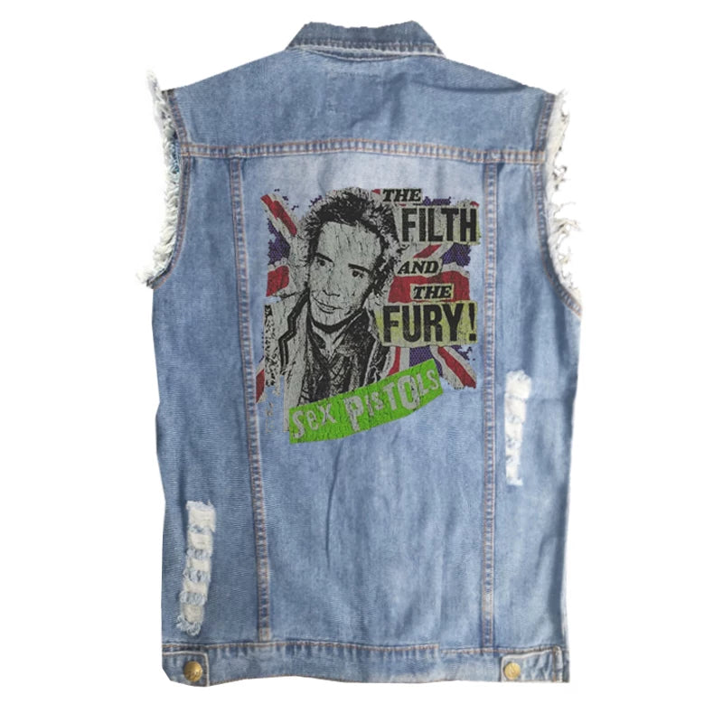 SEX PISTOLS sex pistol European and American men's street style vintage denim shirt vest sleeveless vest (2)