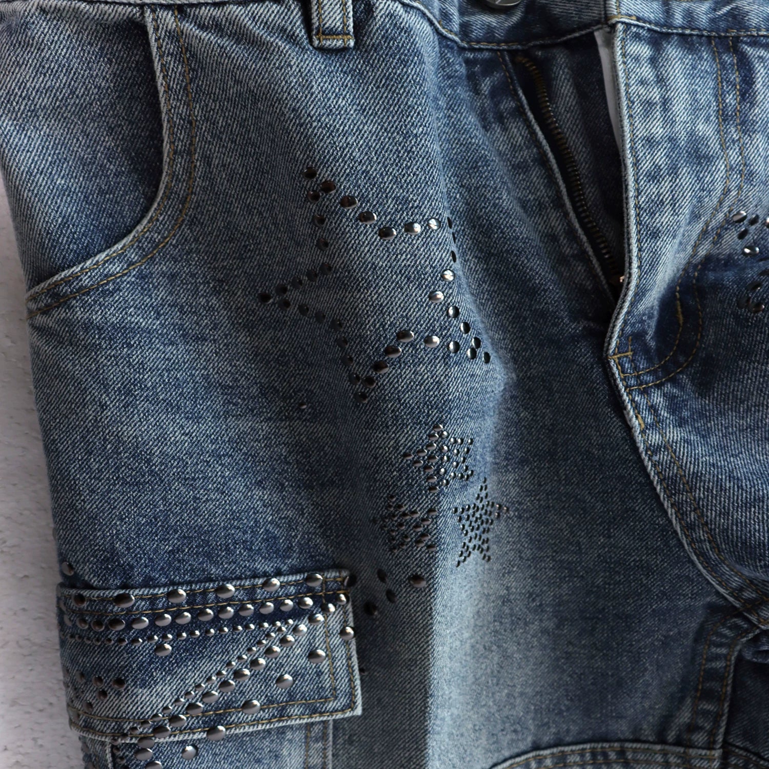 Vale washed and ironed diamond-patterned denim shorts