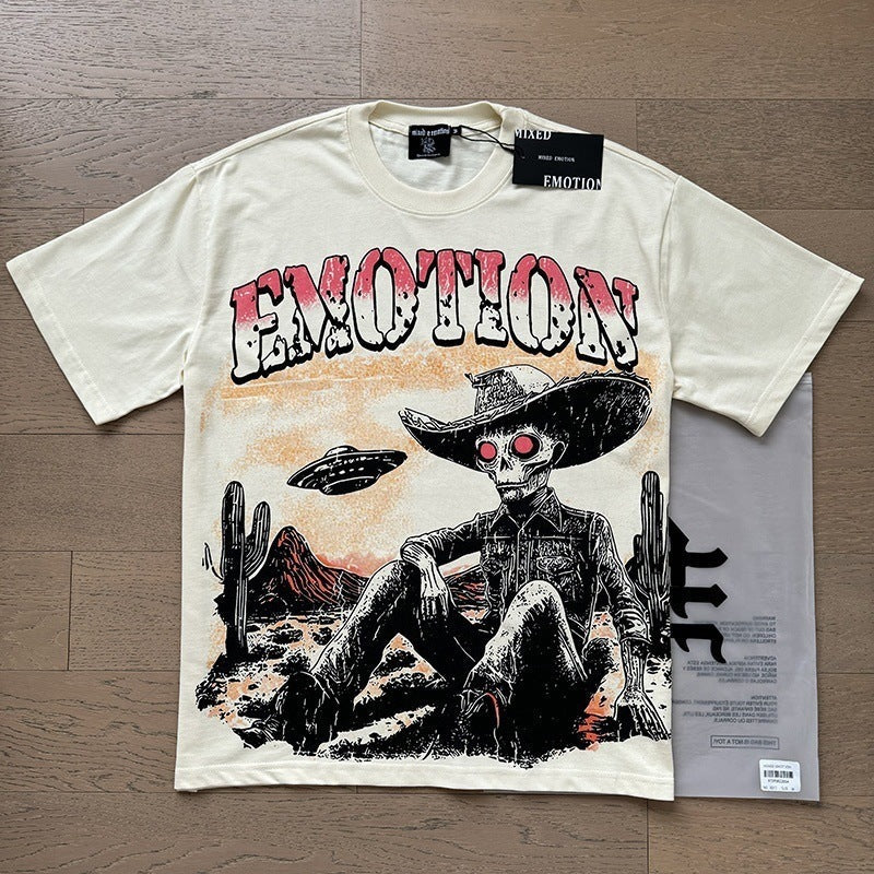 MIXEDEMOTION Retro Hot Diamond Letter Printed Summer High Street Loose Casual Men's and Women's Round Neck Short sleeved T-shirt (26)