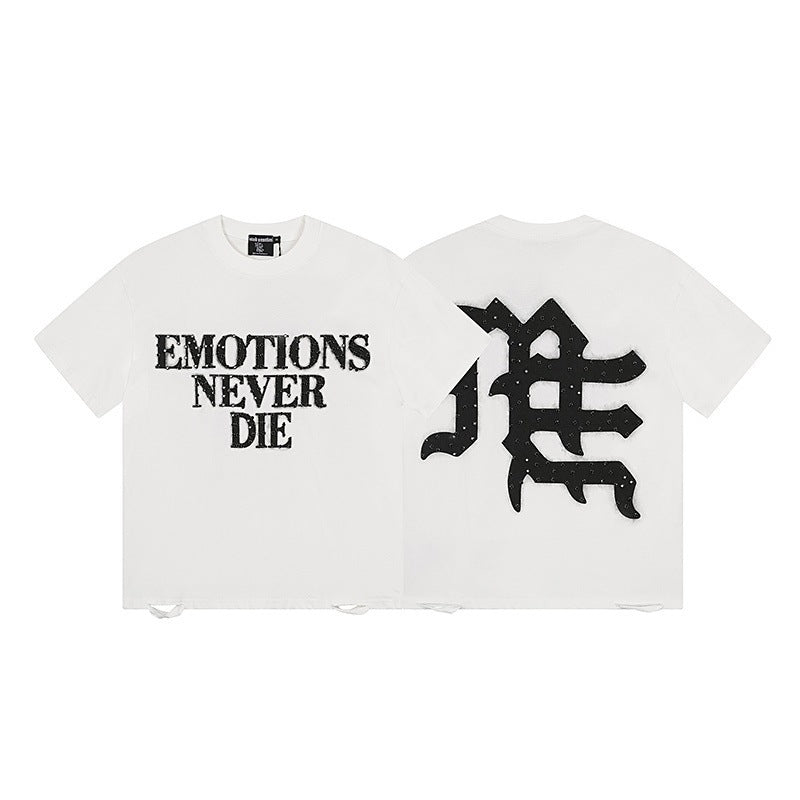 MIXEDEMOTION Retro Hot Diamond Letter Printed Summer High Street Loose Casual Men's and Women's Round Neck Short sleeved T-shirt (26)