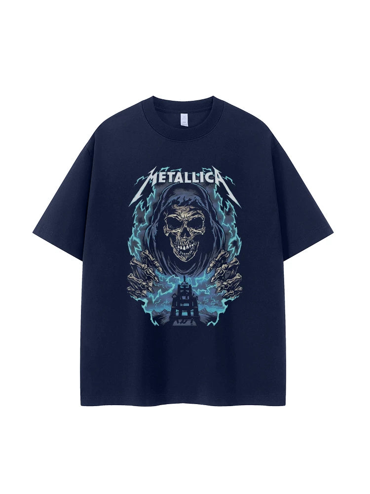 Metallica金属乐队复古美式街头暗黑骷髅落肩宽松纯棉摇滚短袖T恤