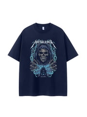Metallica金属乐队复古美式街头暗黑骷髅落肩宽松纯棉摇滚短袖T恤