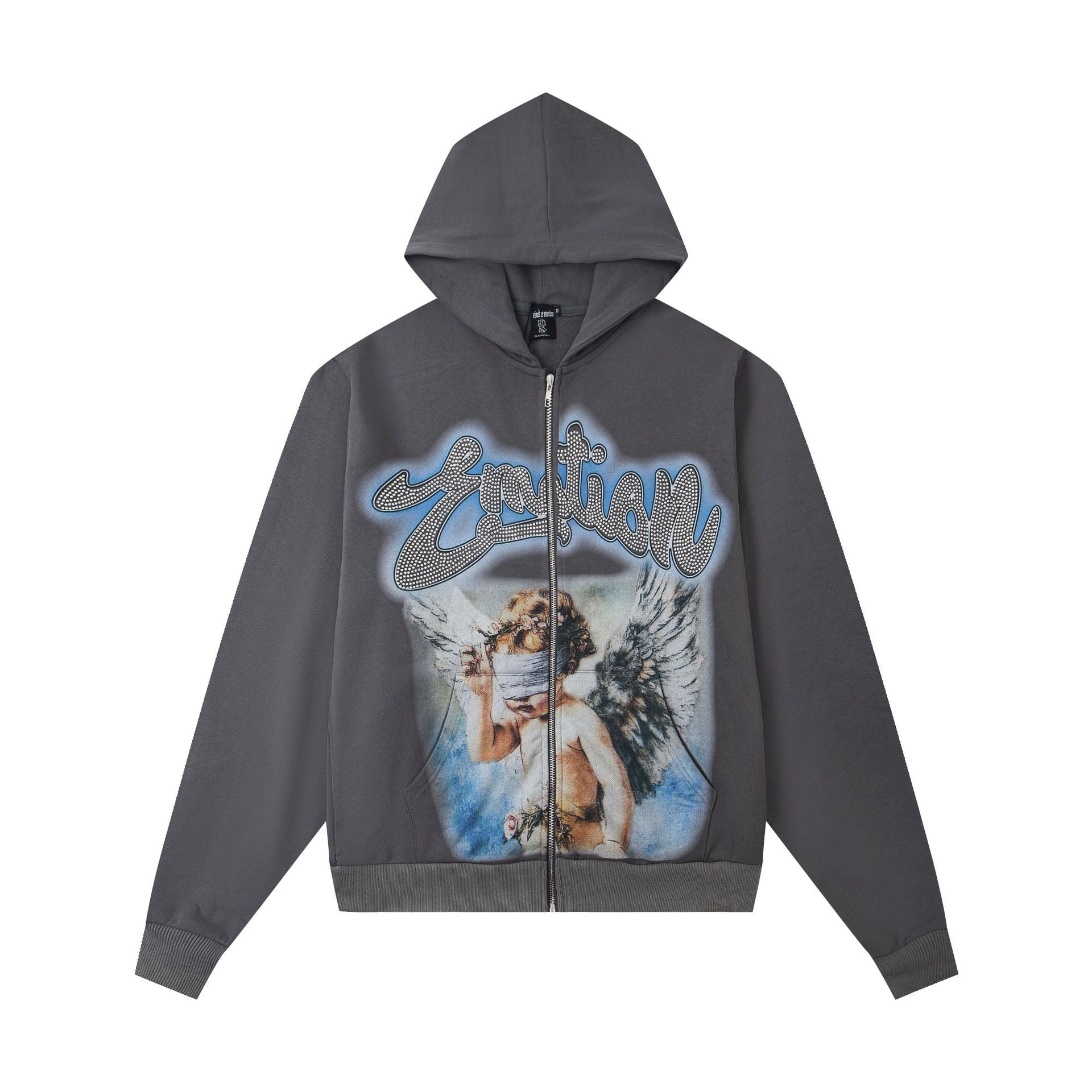 MIXED EMOTION Vintage Angel Graphic Zip Hoodie (Charcoal)