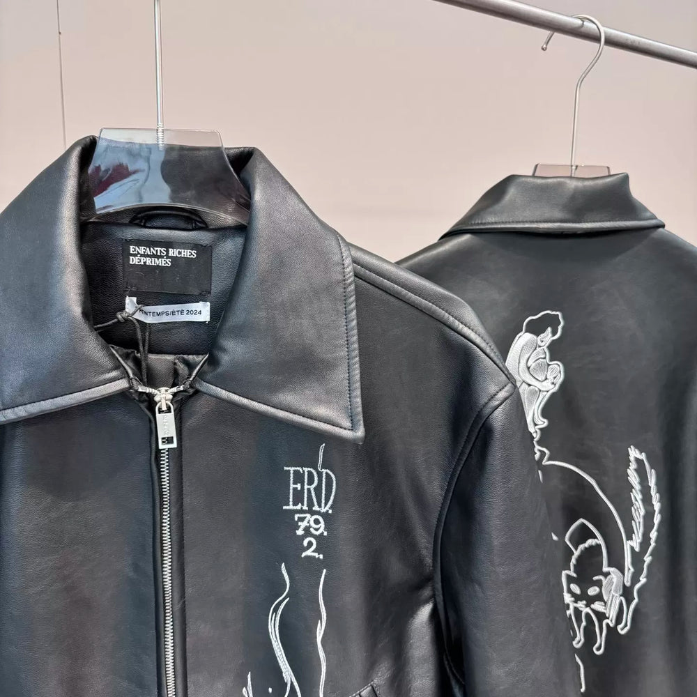 ERD mystery man embroidered PU leather jacket