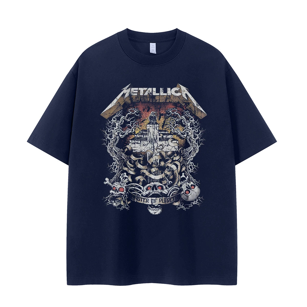 Metallica band retro American street niche design, skull cross vtg rock short sleeved T-shirt