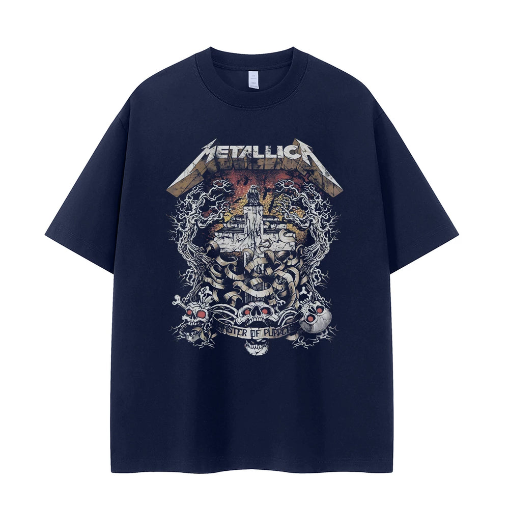 Metallica band retro American street niche design, skull cross vtg rock short sleeved T-shirt