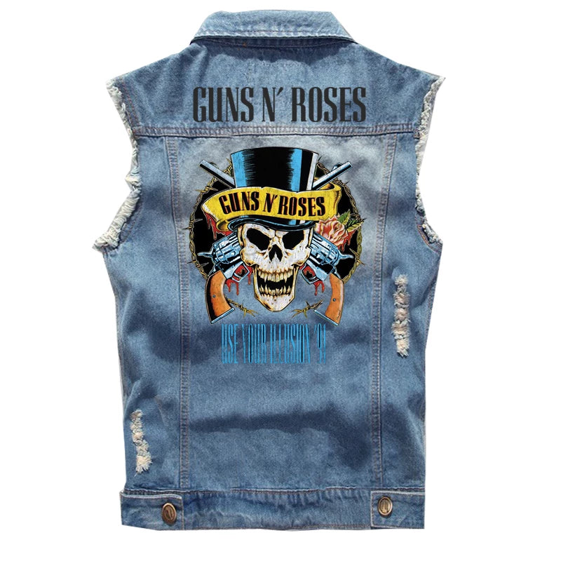 Guns N Roses sleeveless vest, punk style rock denim vest, pure cotton denim jacket (2)