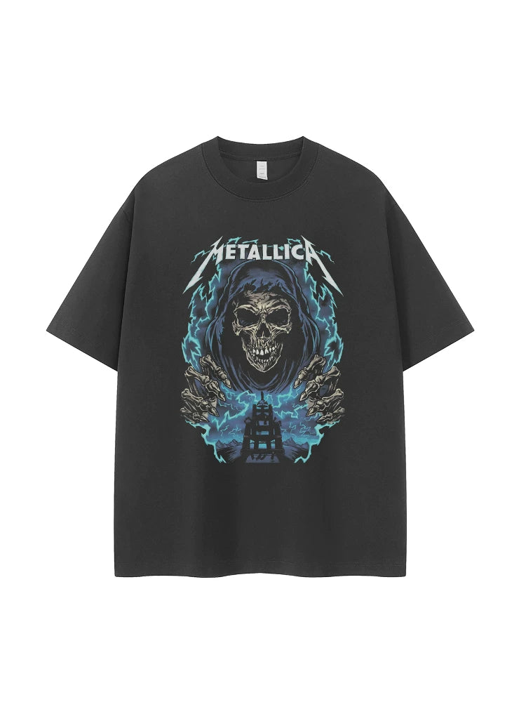 Metallica金属乐队复古美式街头暗黑骷髅落肩宽松纯棉摇滚短袖T恤