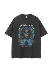Metallica金属乐队复古美式街头暗黑骷髅落肩宽松纯棉摇滚短袖T恤