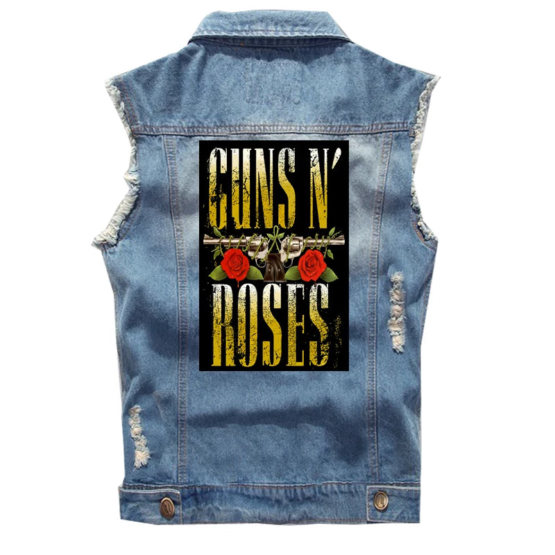 Guns N Roses sleeveless vest, punk style rock denim vest, pure cotton denim jacket (2)