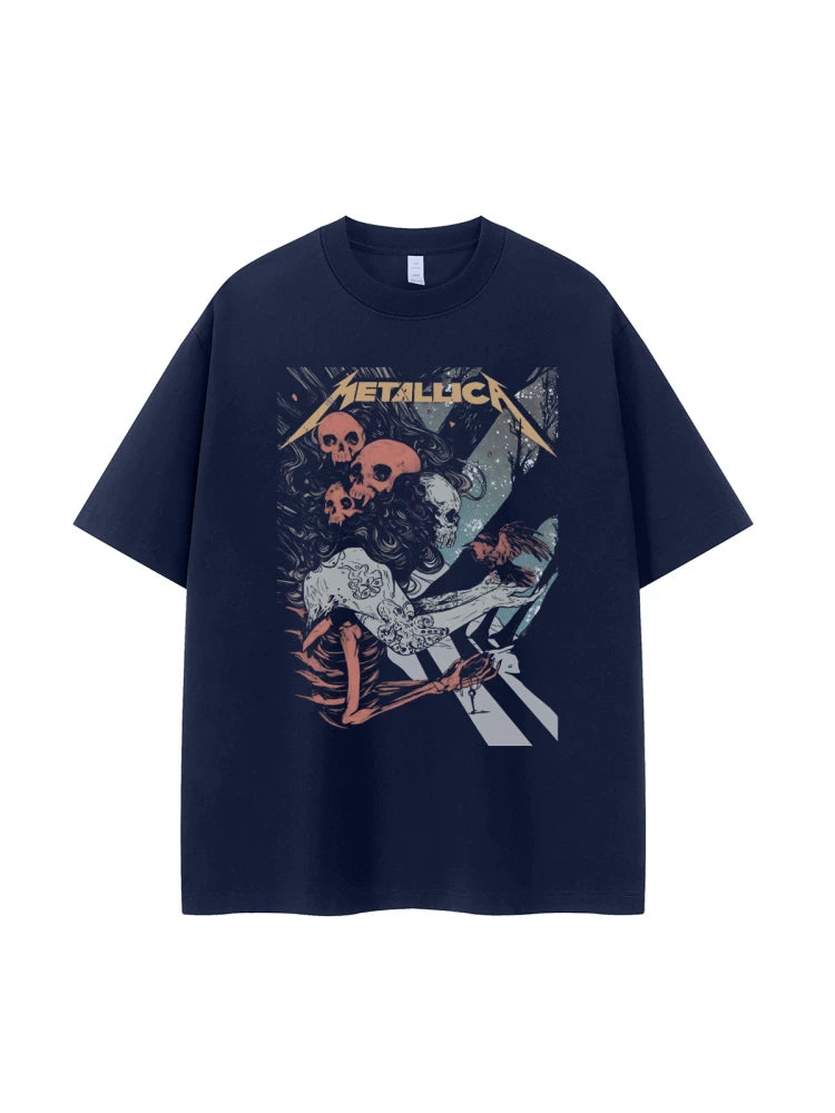Metallica金属乐队复古美式街头小众vtg落肩宽松纯棉摇滚短袖T恤