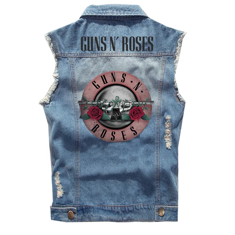 Guns N Roses sleeveless vest, punk style rock denim vest, pure cotton denim jacket (2)