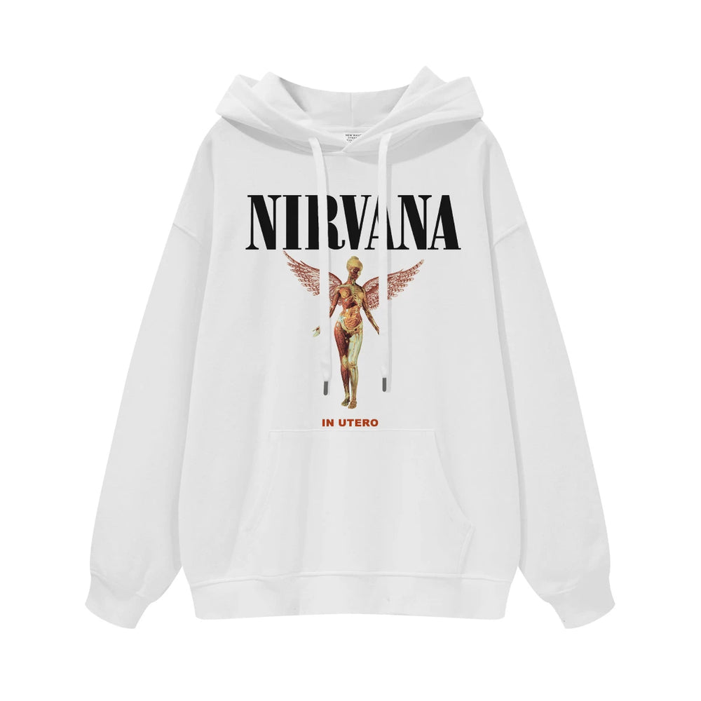 NIRVANA Nirvana Rock Band American Street Gun Flower Nirvana Black Gray White Pure Cotton Hooded Round Neck Sweatshirt (1)