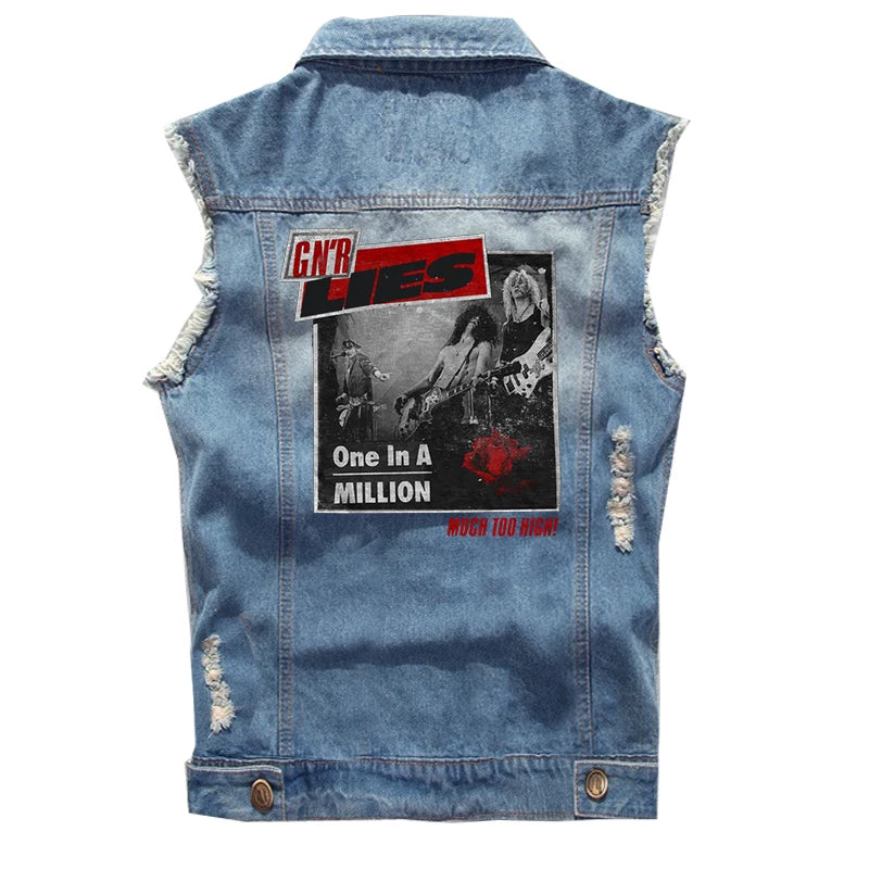 Guns N Roses sleeveless vest, punk style rock denim vest, pure cotton denim jacket (1)