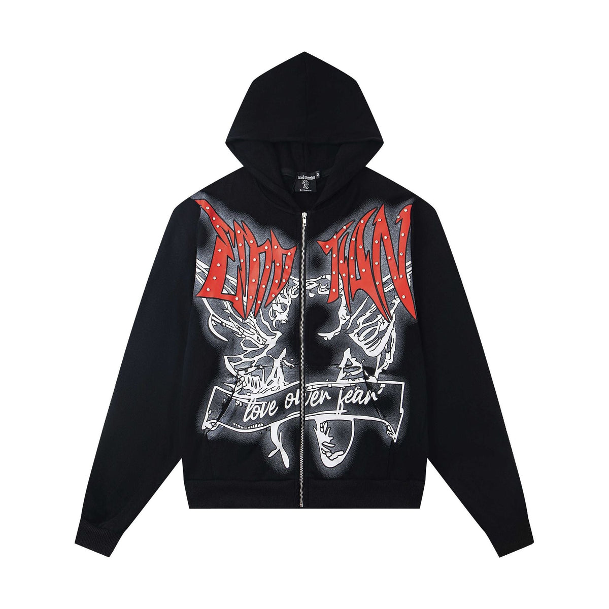 MIXED EMOTION Crimson Emblem Distressed Zip Hoodie