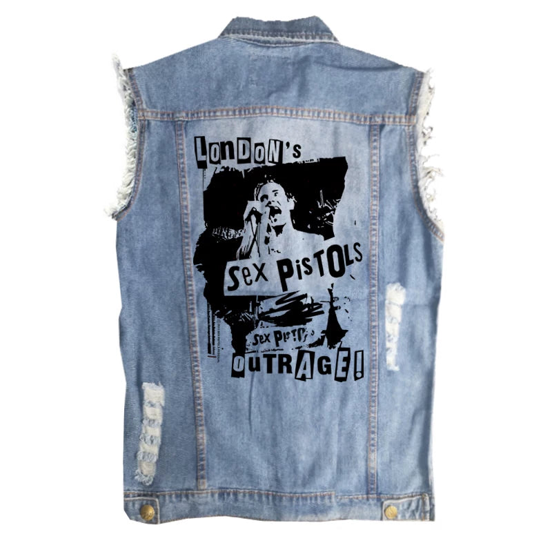 SEX PISTOLS sex pistol European and American men's street style vintage denim shirt vest sleeveless vest (2)