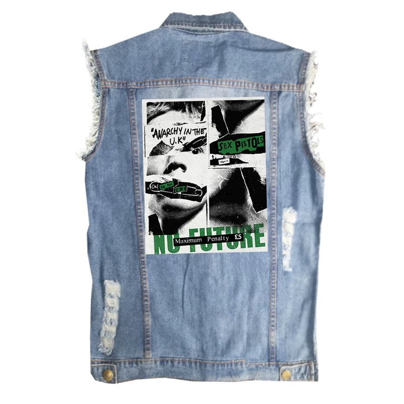 SEX PISTOLS sex pistol European and American men's street style vintage denim shirt vest sleeveless vest (4)