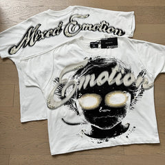 MIXED EMOTION Vintage Rhinestone Script Glowing Eyes Graphic T-Shirt (White / Black)