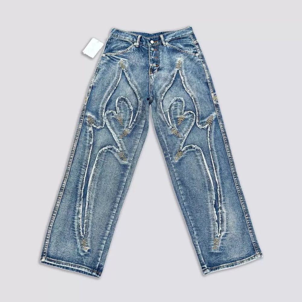 Thug Club Stiletto Pattern Embroidered Loose Denim Pants