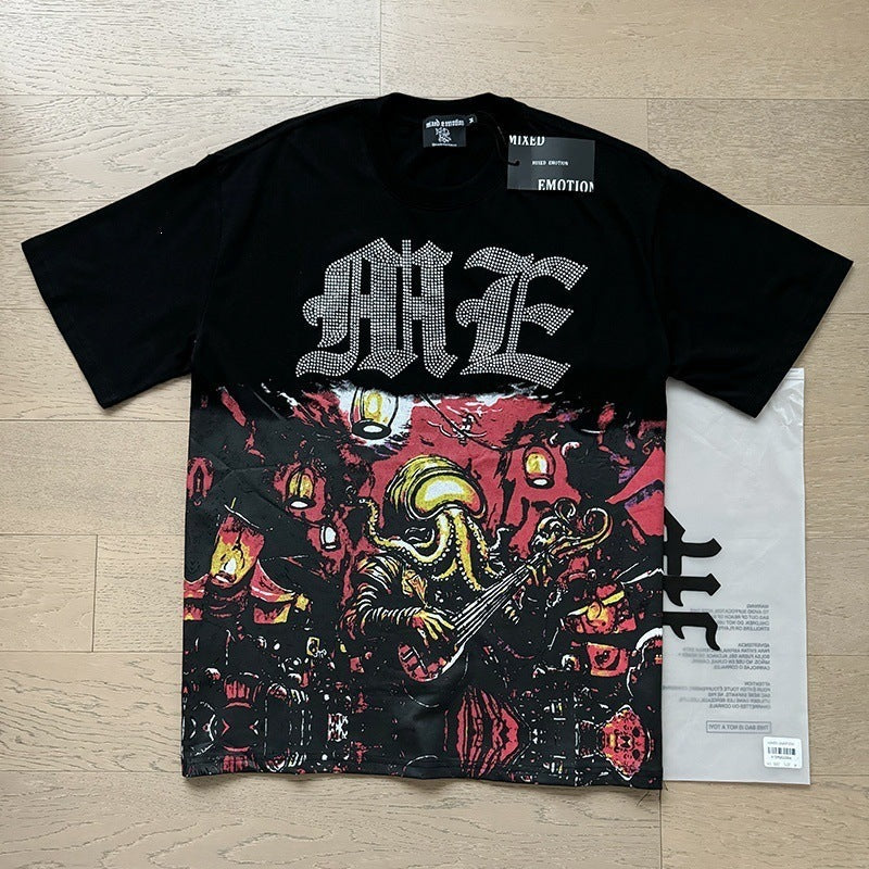 MIXED EMOTION Vintage Rhinestone Cthulhu Graphic T-Shirt (Black / Red)