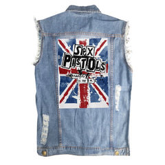 SEX PISTOLS sex pistol European and American men's street style vintage denim shirt vest sleeveless vest (4)