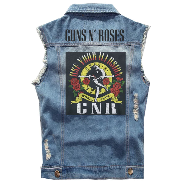 Guns N Roses sleeveless vest, punk style rock denim vest, pure cotton denim jacket (1)