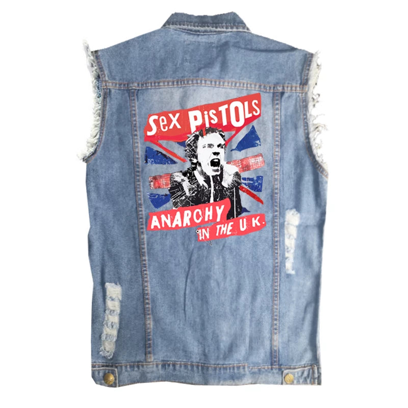 SEX PISTOLS sex pistol European and American men's street style vintage denim shirt vest sleeveless vest (4)