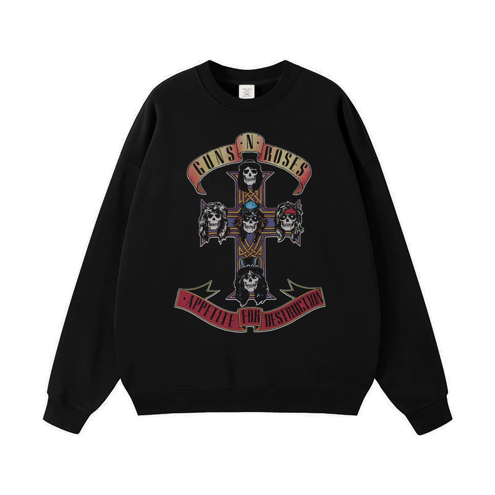 Guns n Roses Rock Band American Street Men's and Women's Black Grey White Cotton Hooded Round Neck Hoodie (3)