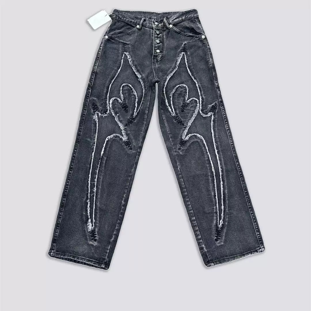 Thug Club Stiletto Pattern Embroidered Loose Denim Pants