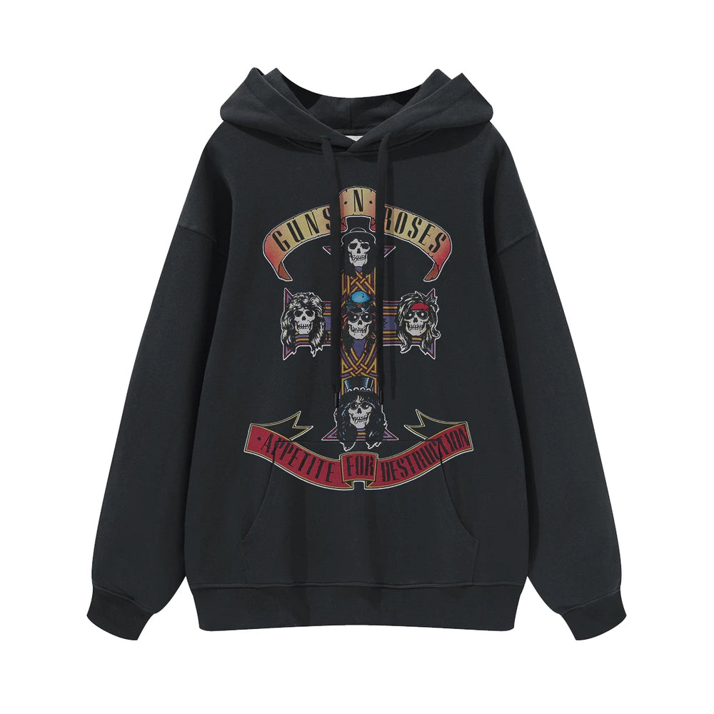 Guns n Roses Rock Band American Street Men's and Women's Black Grey White Cotton Hooded Round Neck Hoodie (4)