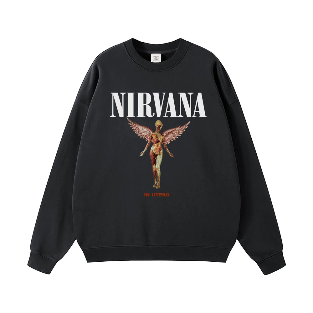NIRVANA Nirvana Rock Band American Street Gun Flower Nirvana Black Gray White Pure Cotton Hooded Round Neck Sweatshirt (1)