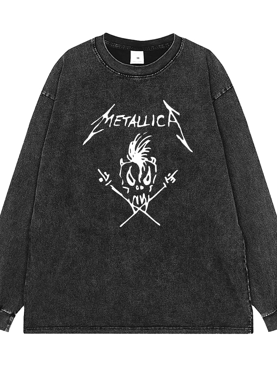 Metallica band washed old gray retro American street hip-hop rock off shoulder loose long sleeved T-shirt