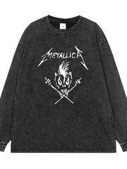 Metallica band washed old gray retro American street hip-hop rock off shoulder loose long sleeved T-shirt