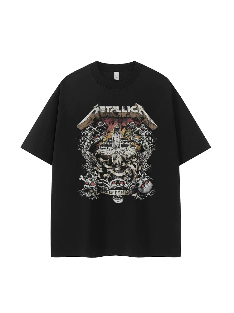 Metallica band retro American street niche design, skull cross vtg rock short sleeved T-shirt