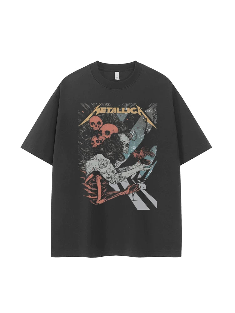 Metallica金属乐队复古美式街头小众vtg落肩宽松纯棉摇滚短袖T恤