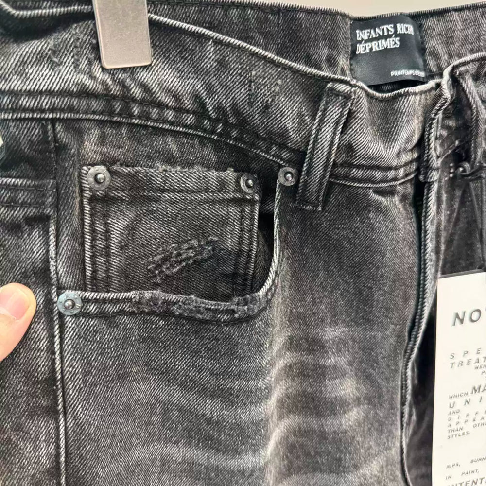 ERD washed denim jeans with distressed and patched holes