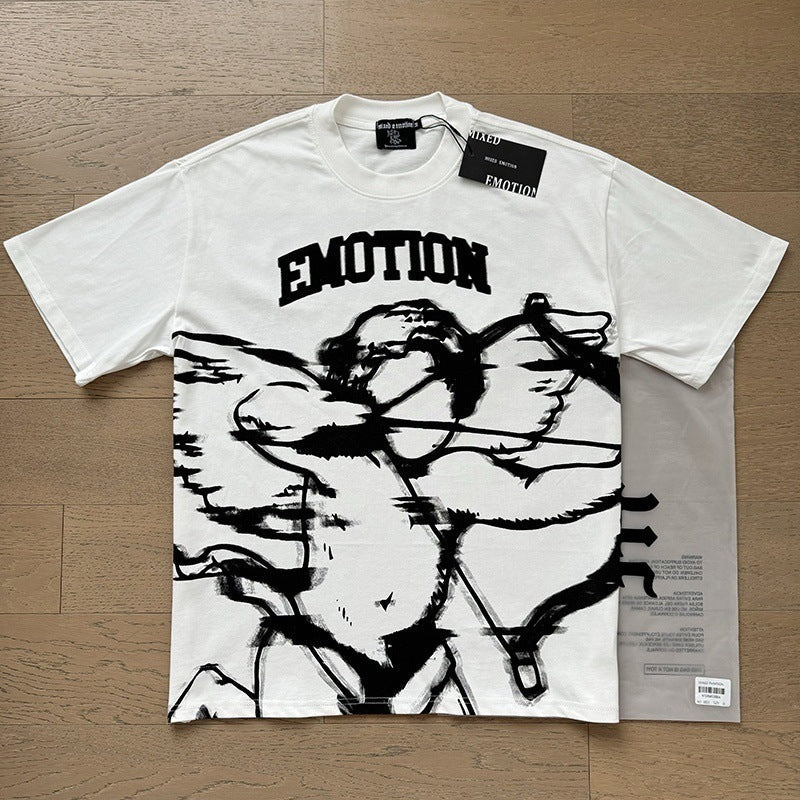 MIXEDEMOTION Retro Hot Diamond Letter Printed Summer High Street Loose Casual Men's and Women's Round Neck Short sleeved T-shirt (26)