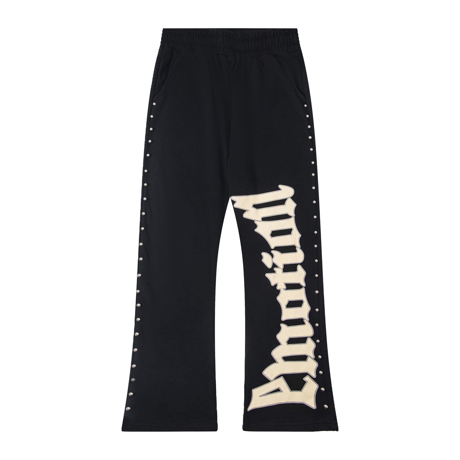 MIXED EMOTION Vintage Studded Gothic Script Sweatpants (Black)