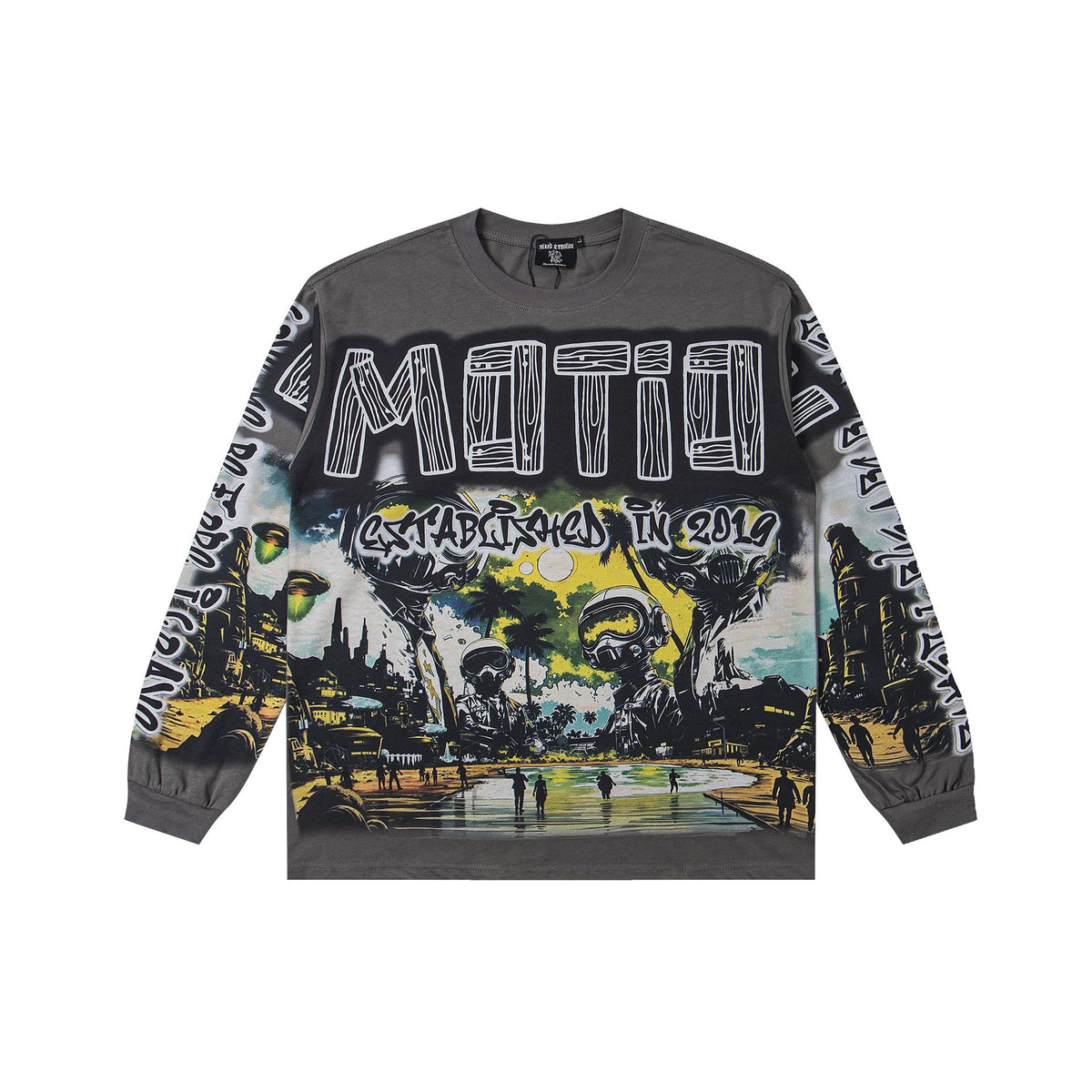 MIXED EMOTION Vintage Surreal Landscape Graphic Long-Sleeve Tee (Dark Grey)